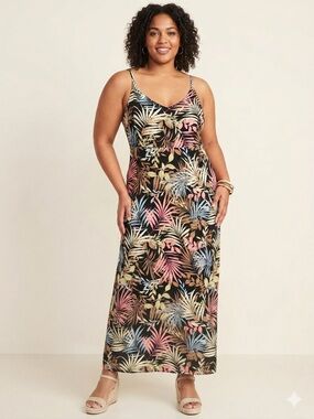 Hurley Black Dress with Coral, Yellow and Blue Leaf Design